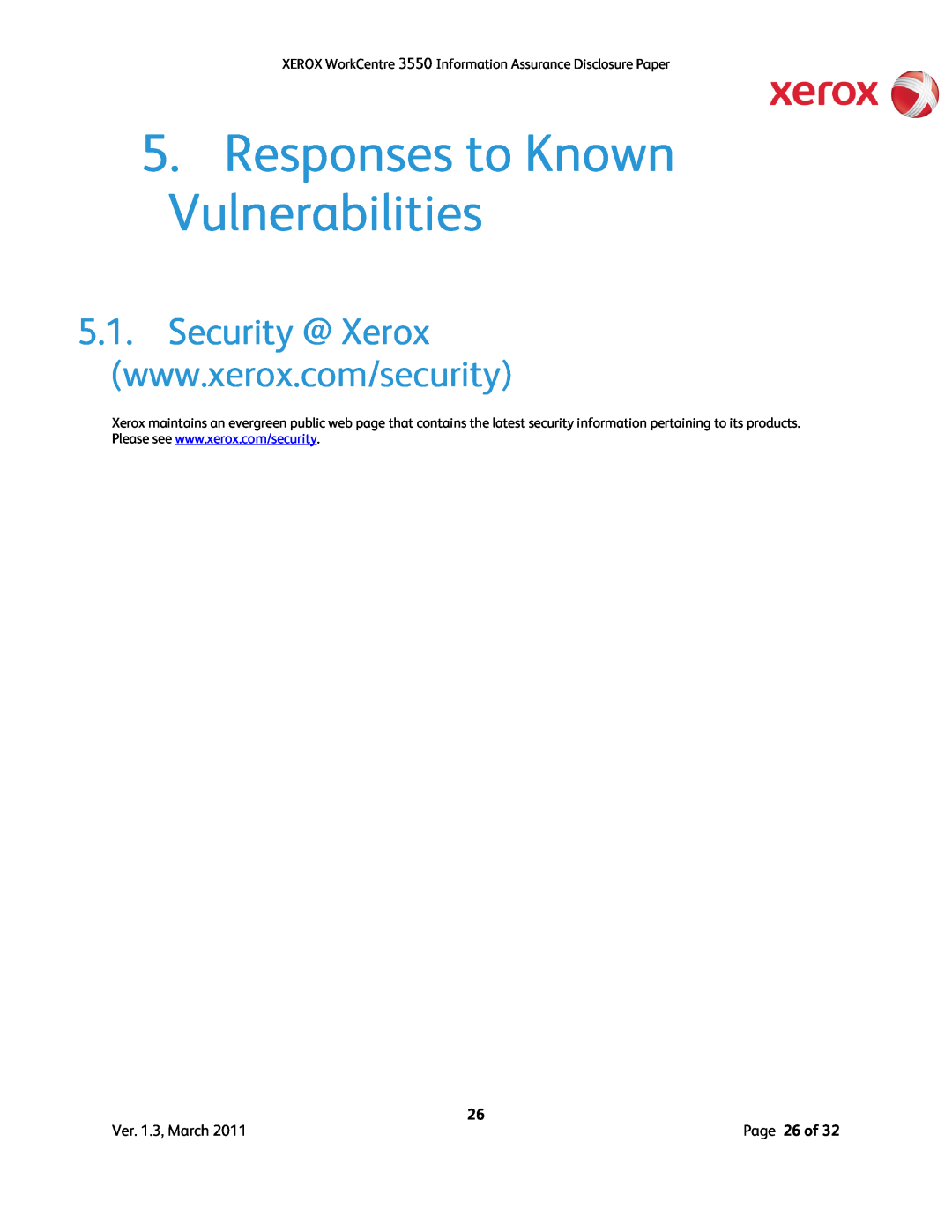 Xerox 3550 manual Responses to Known Vulnerabilities 