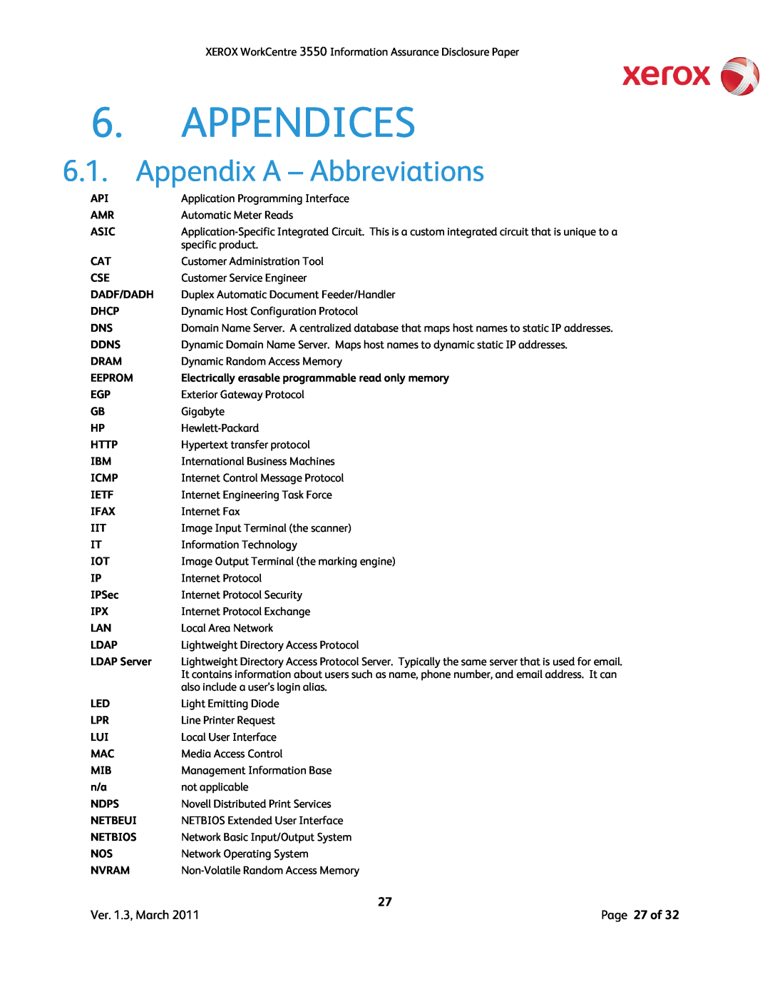 Xerox 3550 Appendices, Appendix A - Abbreviations, Asic, Dadf/Dadh, Dhcp, Ddns, Dram, Http, Icmp, Ietf, Ifax, IPSec, Ldap 