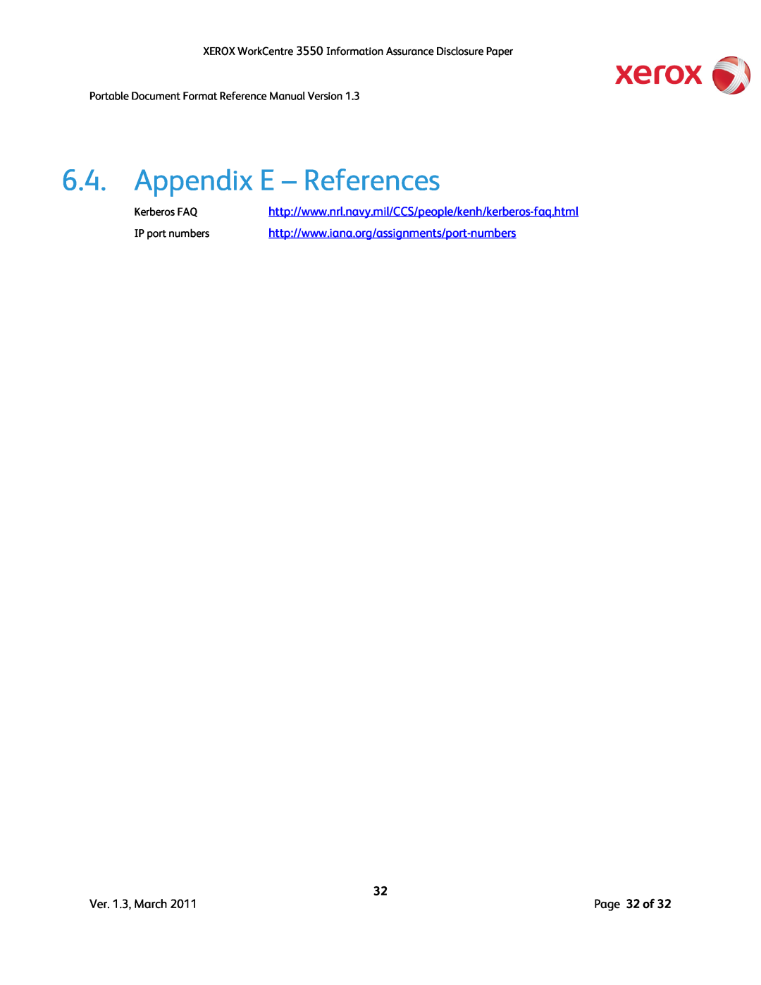 Xerox 3550 manual Appendix E - References, Ver. 1.3, March, Page 32 of 