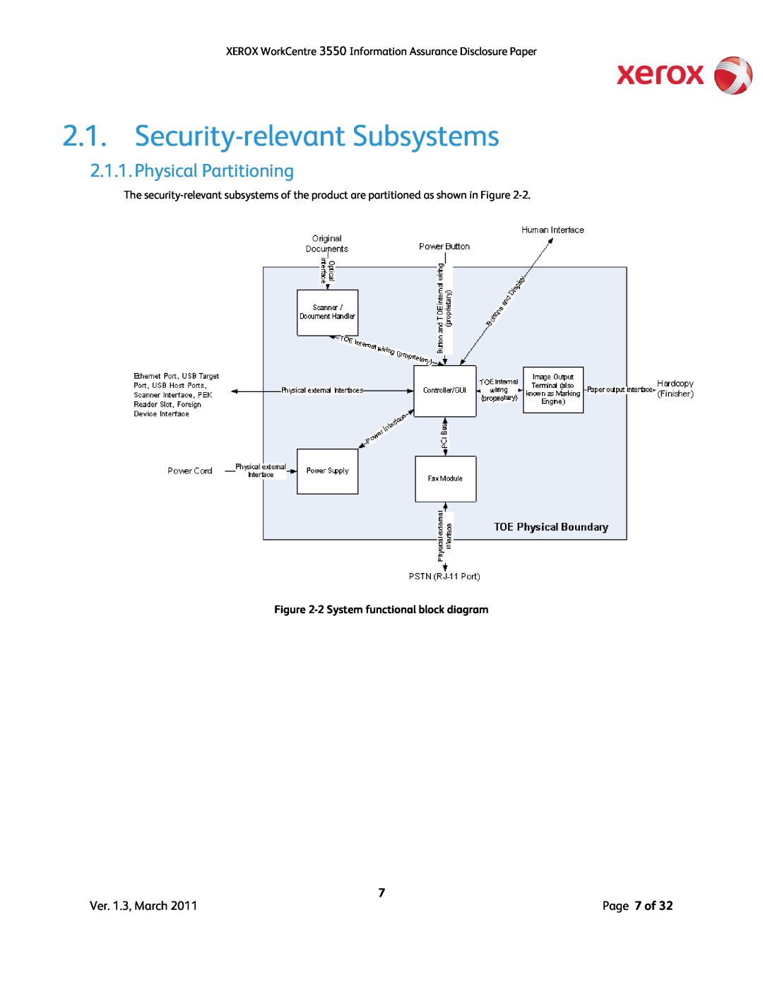 Xerox 3550 manual Security-relevantSubsystems, Physical Partitioning, 2System functional block diagram 