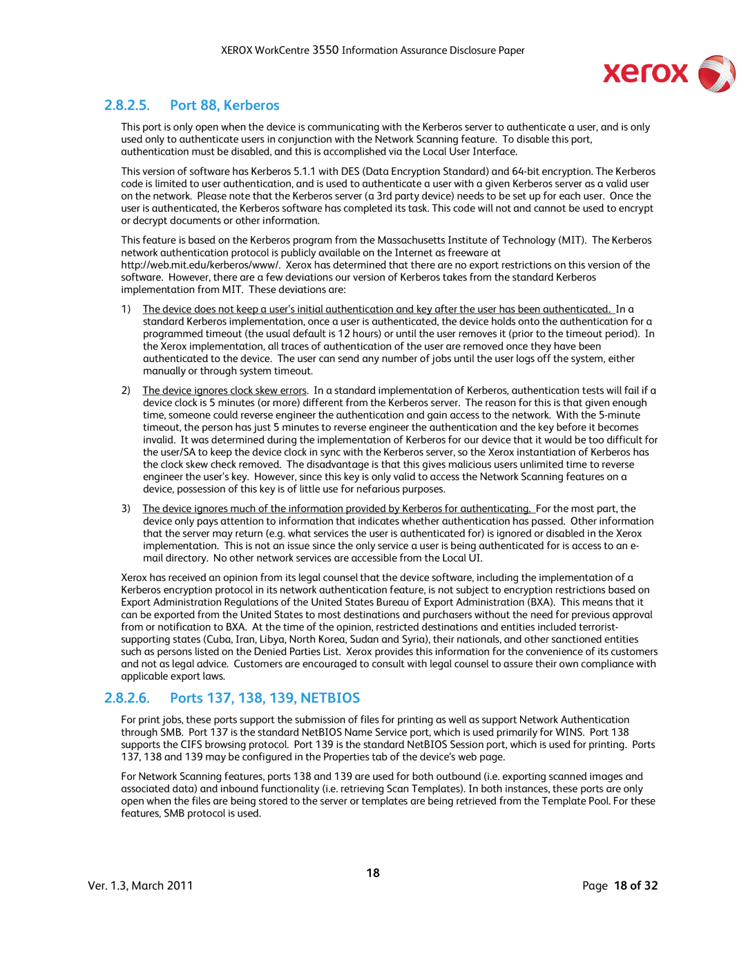 Xerox 3550 manual Port 88, Kerberos, Ports 137, 138, 139, Netbios 