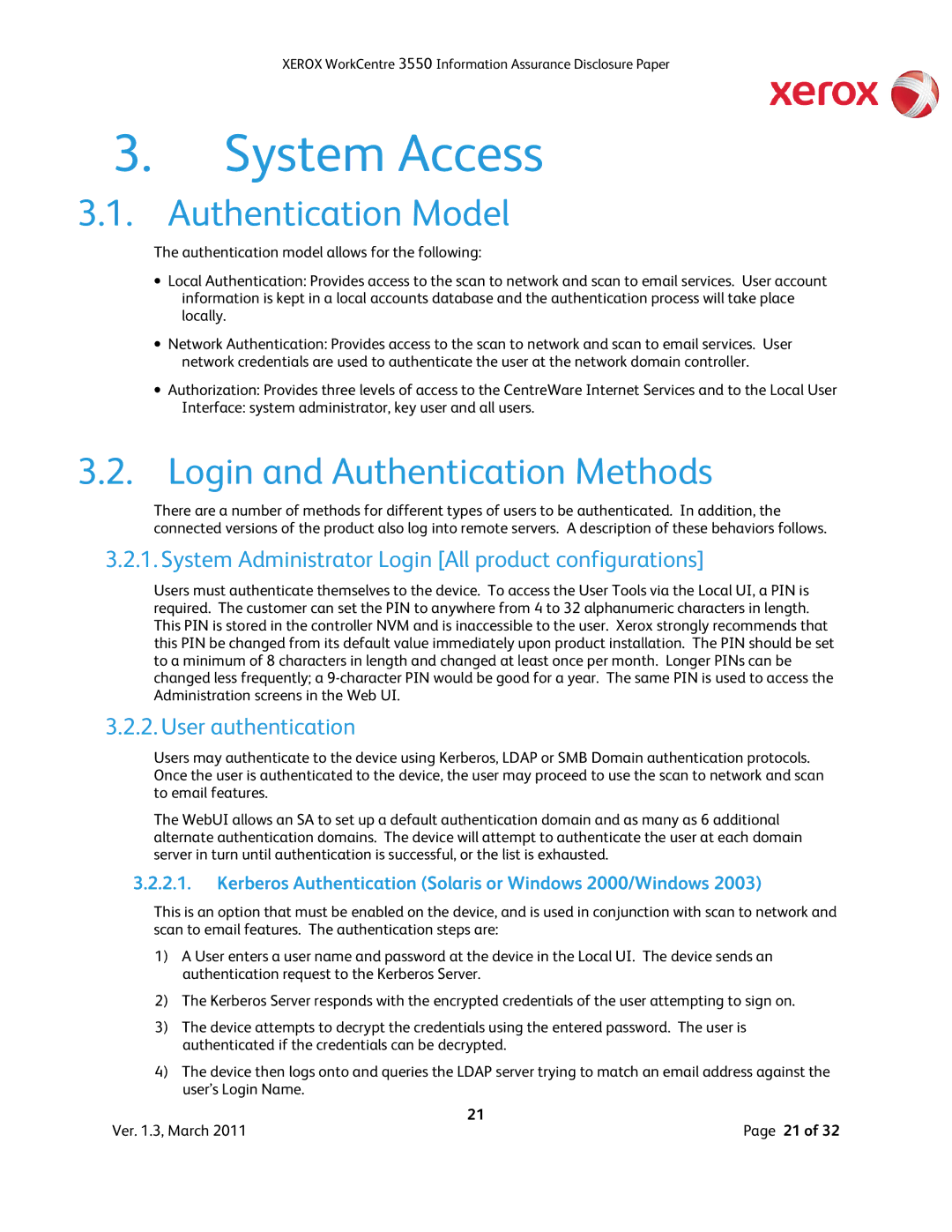 Xerox 3550 Authentication Model, Login and Authentication Methods, System Administrator Login All product configurations 