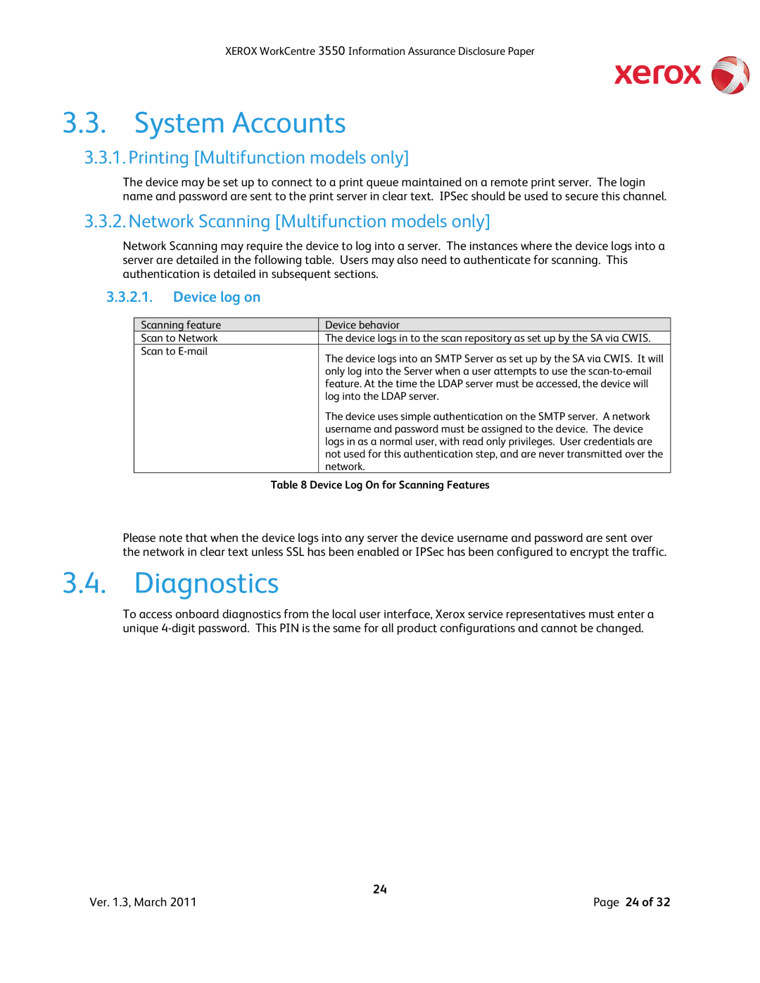 Xerox 3550 System Accounts, Diagnostics, Printing Multifunction models only, Network Scanning Multifunction models only 