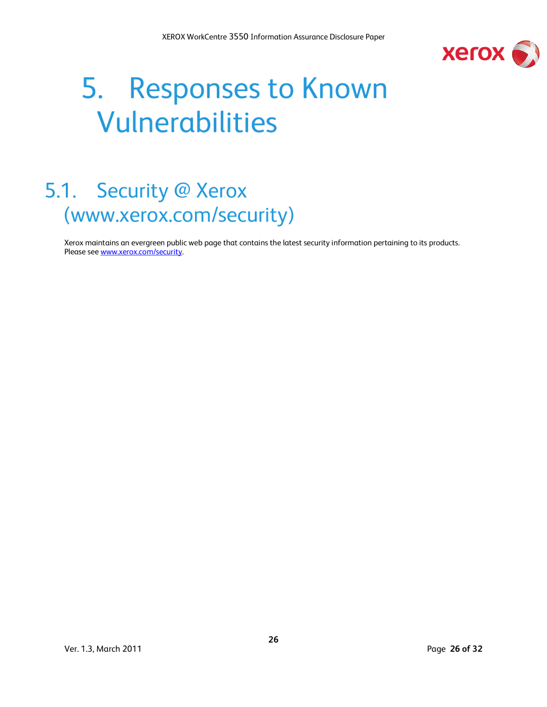 Xerox 3550 manual Responses to Known Vulnerabilities 