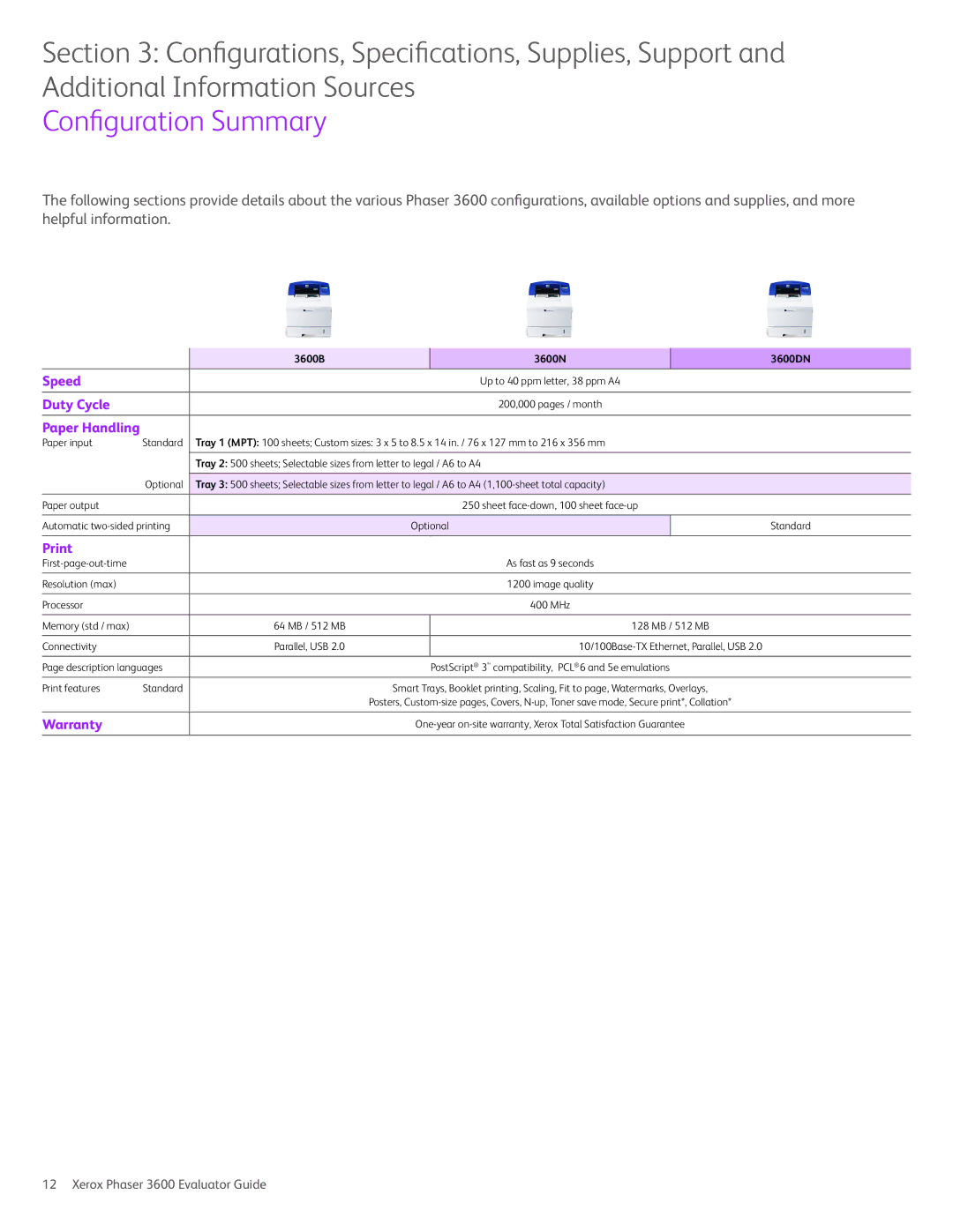 Xerox 3600 manual Configuration Summary, Paper Handling 