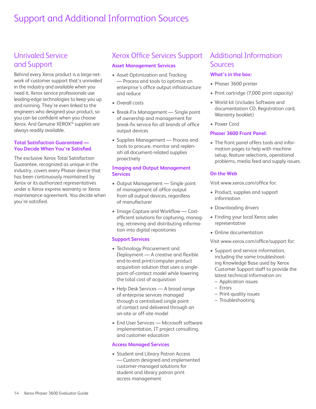 Xerox 3600 manual Support and Additional Information Sources 