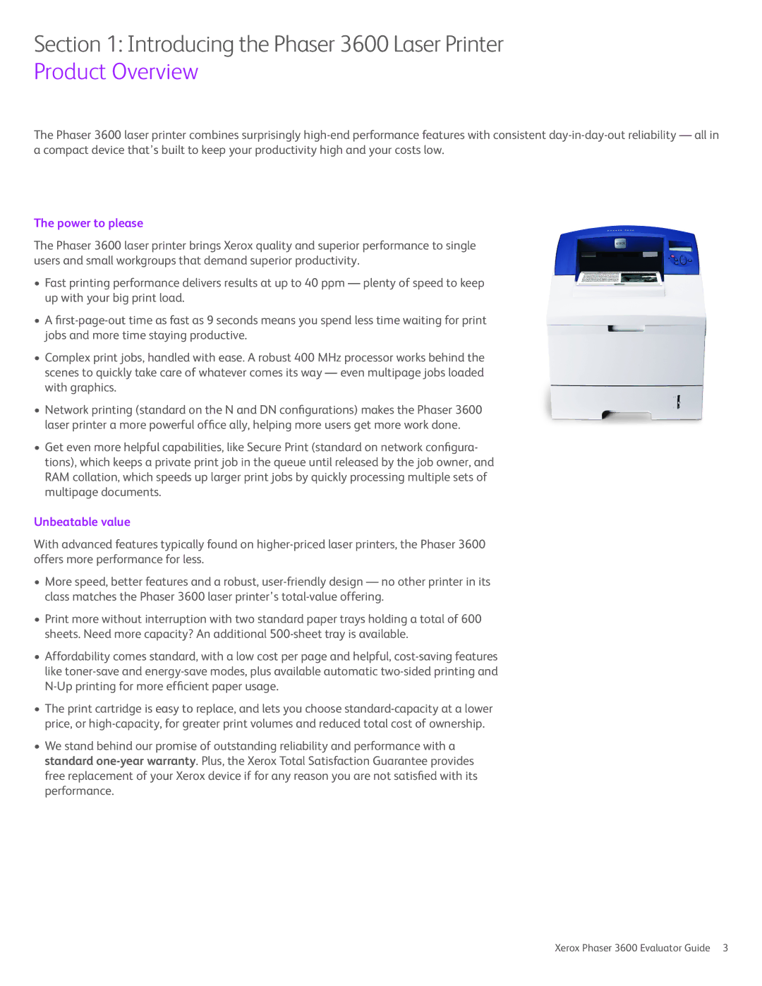 Xerox 3600 manual Product Overview, Power to please, Unbeatable value 