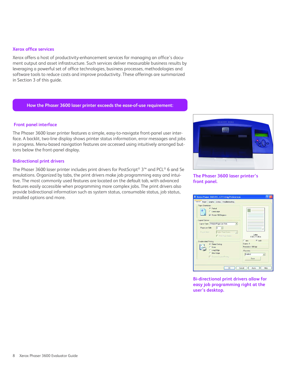 Xerox 3600 manual Xerox office services, Front panel interface, Bidirectional print drivers 