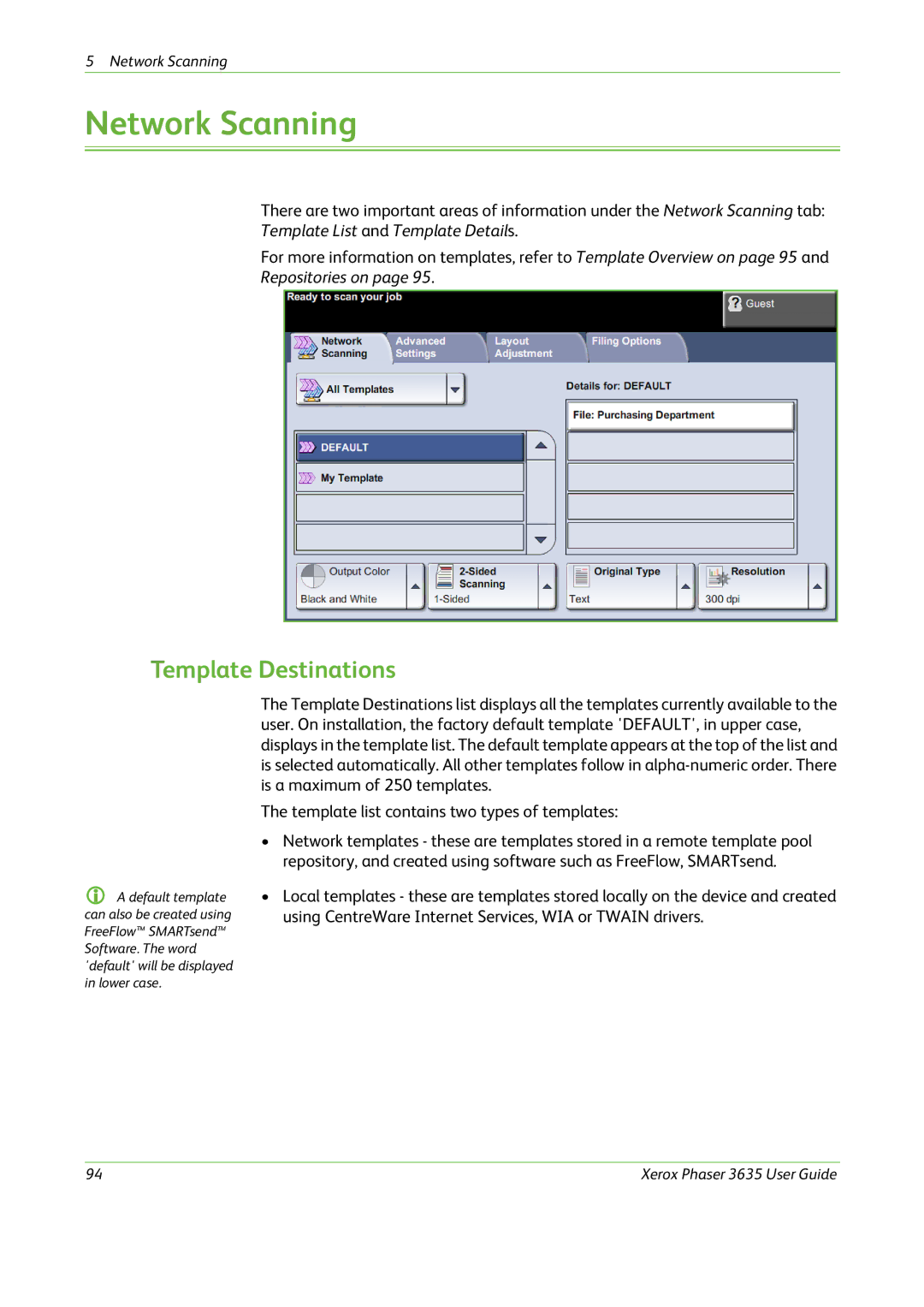 Xerox 3635 manual Network Scanning, Template Destinations 