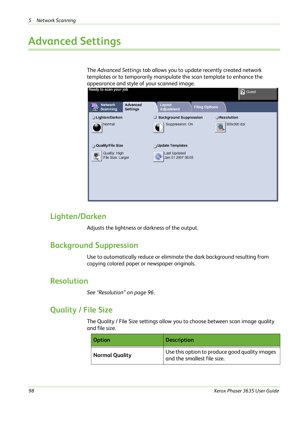 Xerox 3635 manual Advanced Settings, Lighten/Darken, Background Suppression, Quality / File Size 