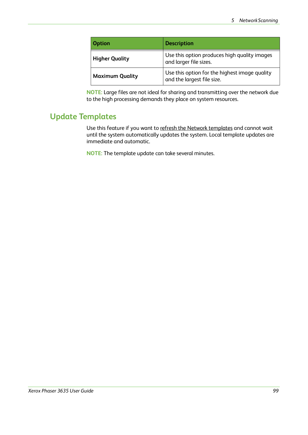 Xerox 3635 manual Update Templates, Option Description Higher Quality, Maximum Quality 