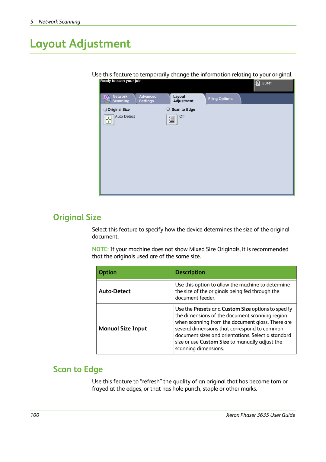 Xerox 3635 manual Original Size, Scan to Edge, Option Description Auto-Detect, Manual Size Input 