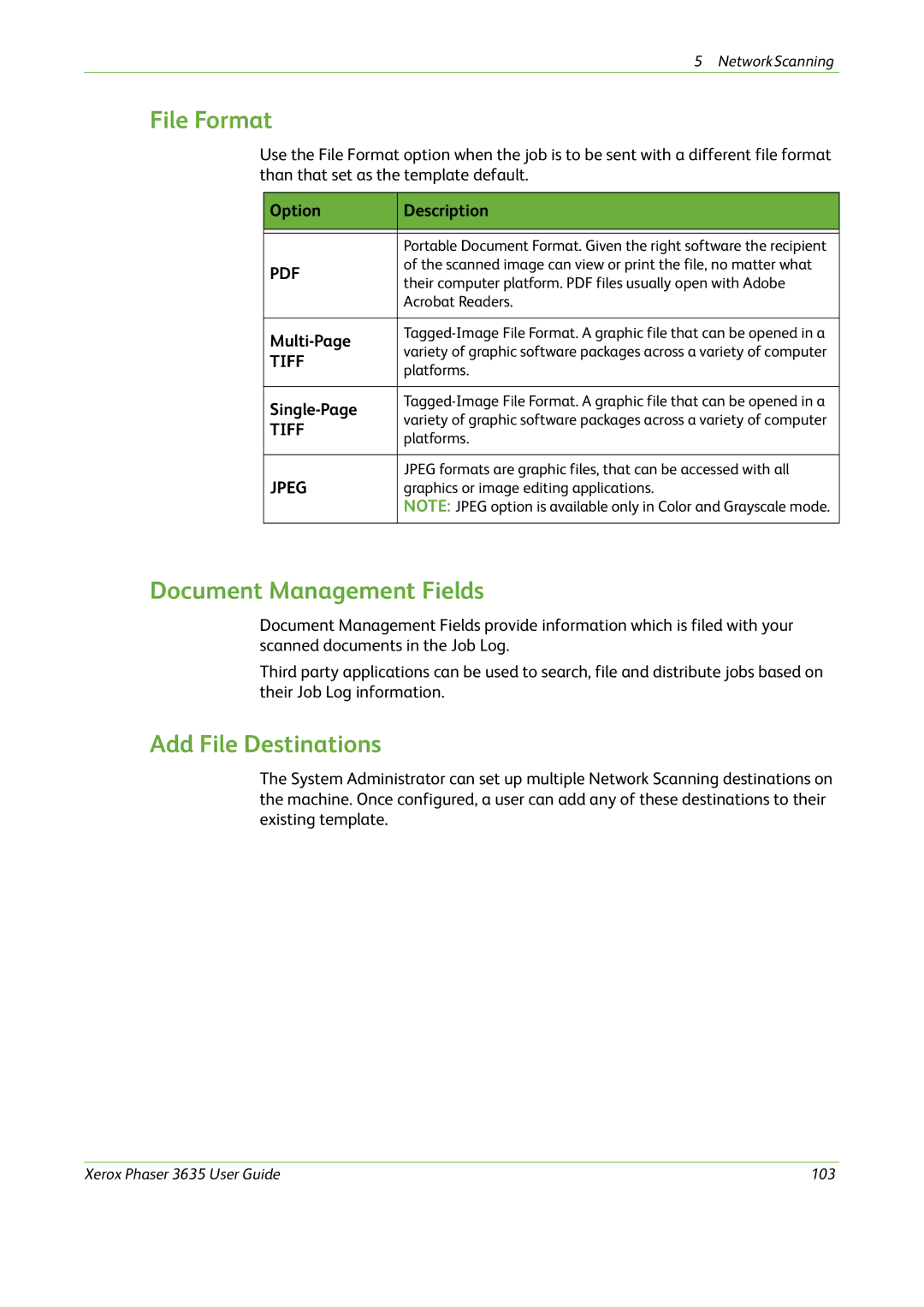 Xerox 3635 manual File Format, Document Management Fields, Add File Destinations, Multi-Page, Single-Page 