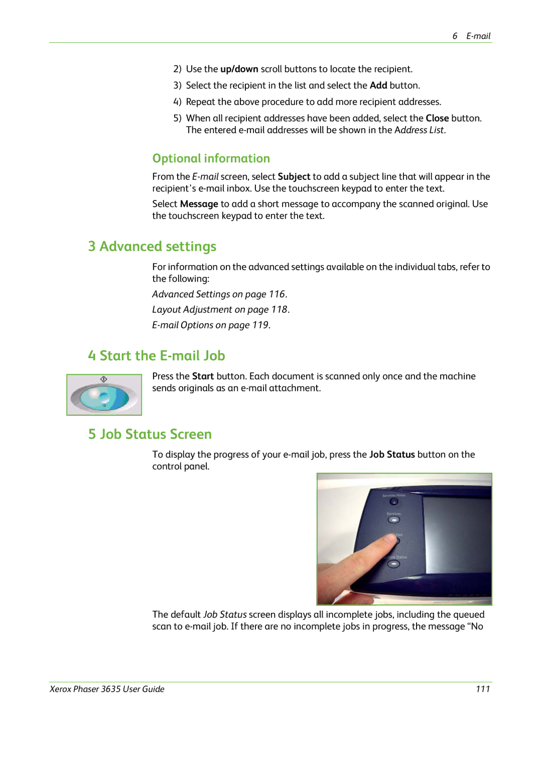 Xerox 3635 manual Advanced settings, Start the E-mail Job, Optional information 