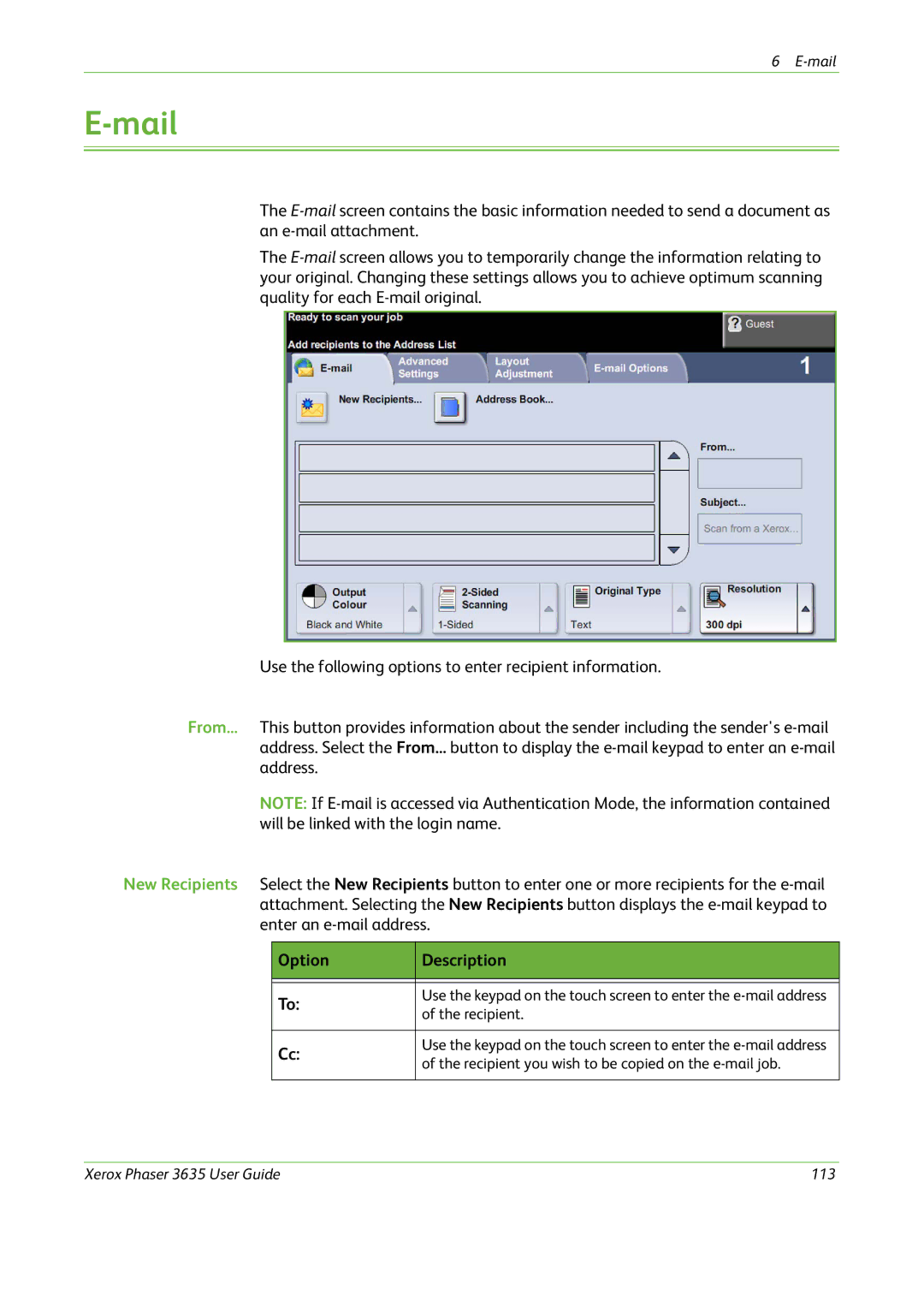 Xerox 3635 manual Mail, Option Description 