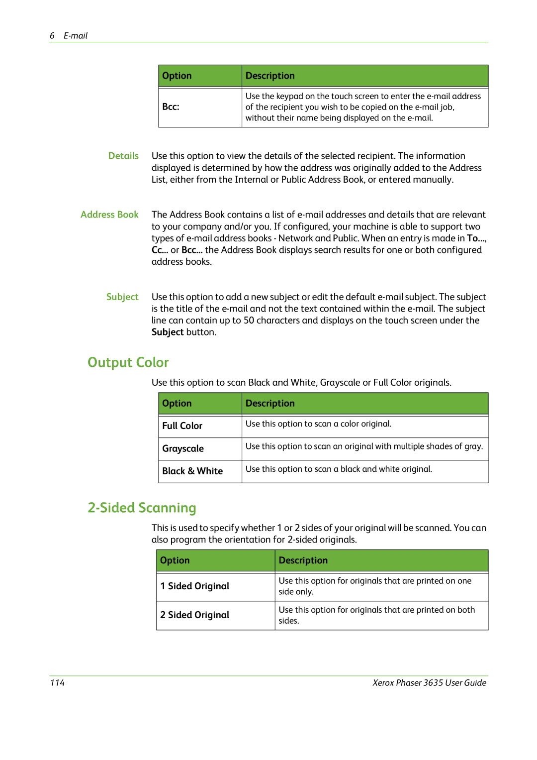 Xerox 3635 manual Sided Scanning, Option Description Bcc, Option Description Sided Original 