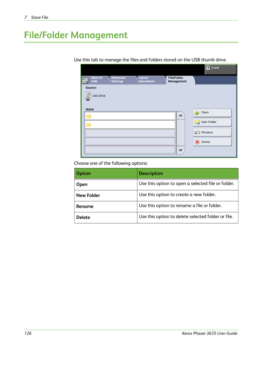 Xerox 3635 manual File/Folder Management, Option Description Open 