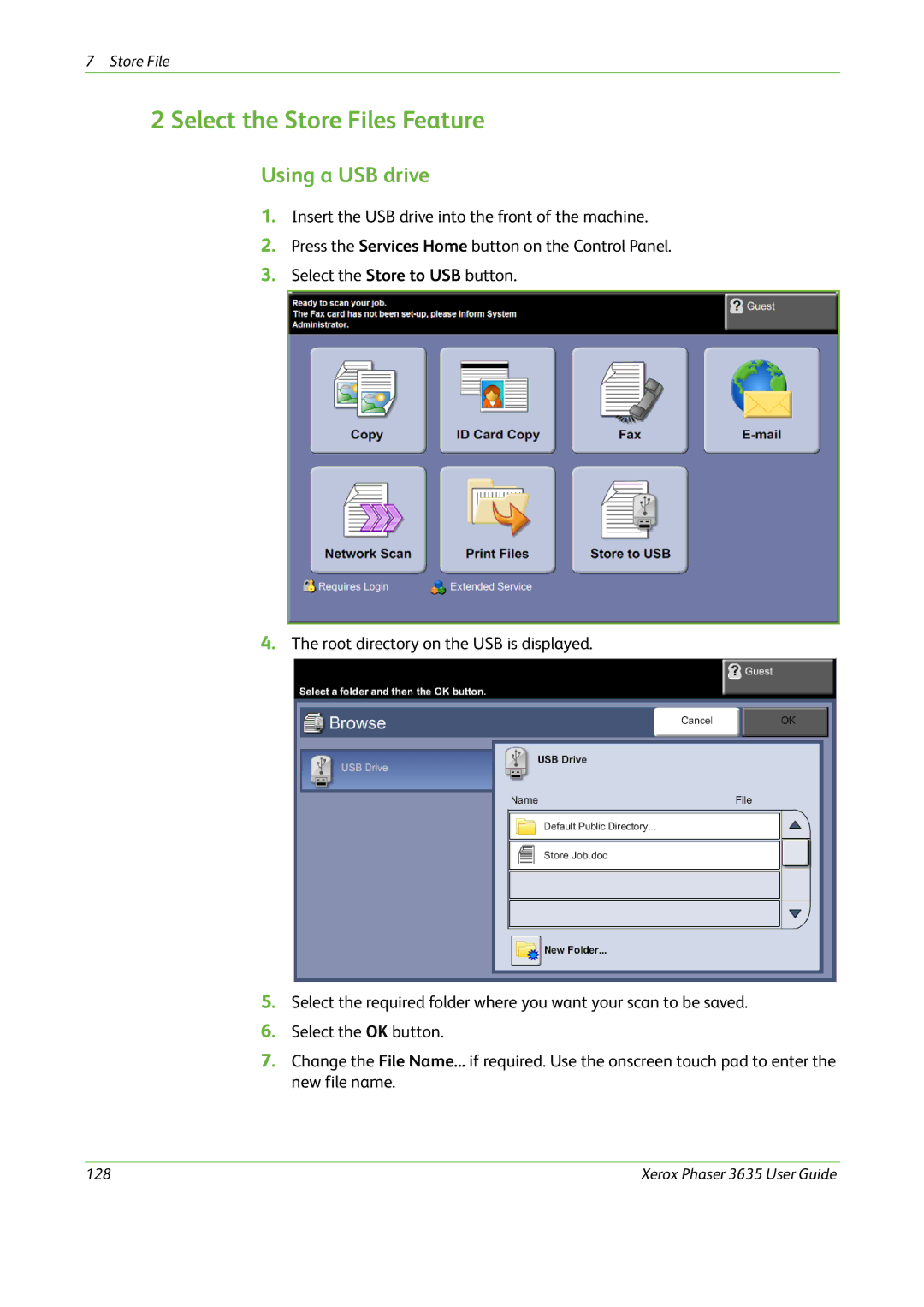 Xerox 3635 manual Select the Store Files Feature, Using a USB drive 