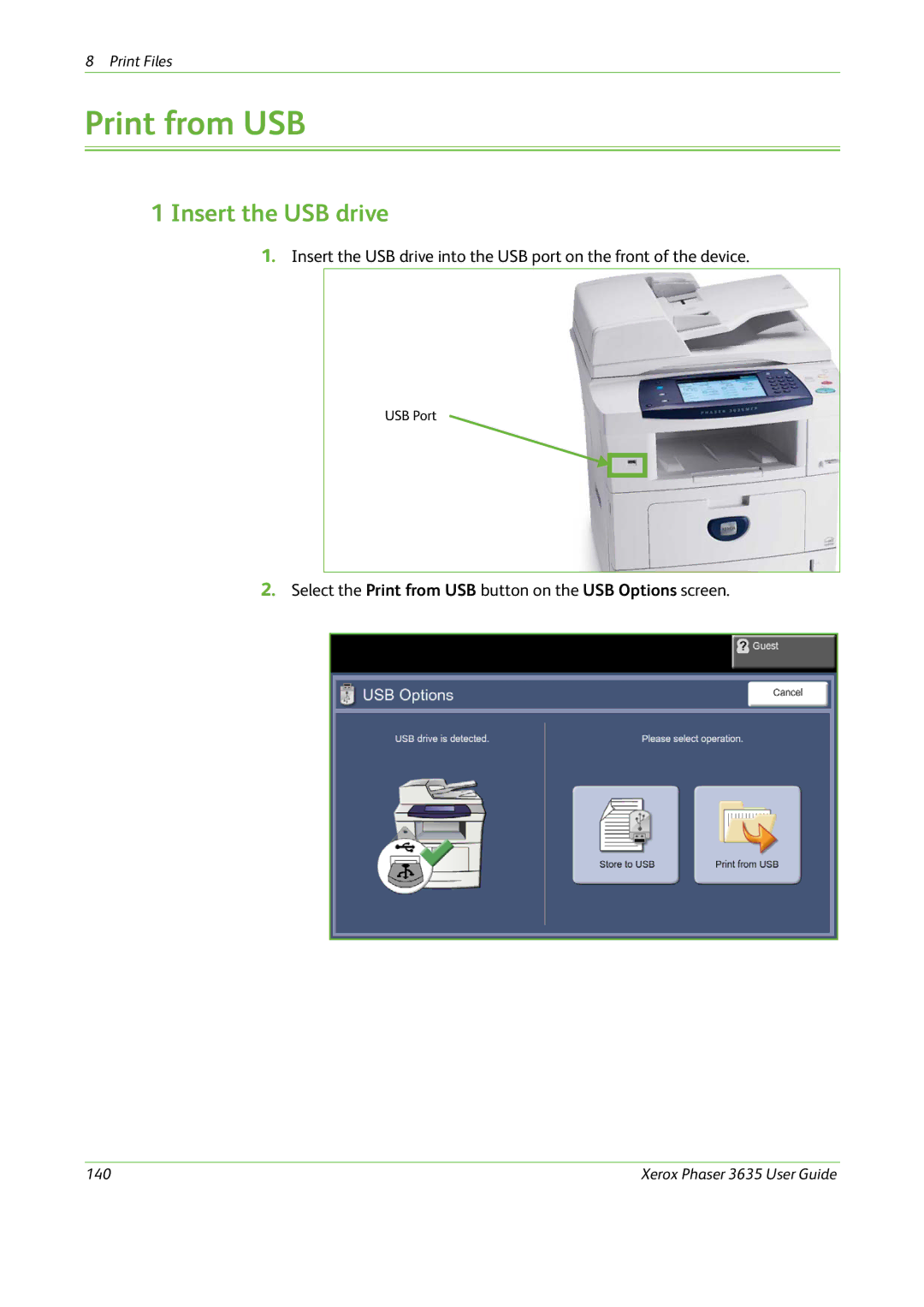 Xerox 3635 manual Print from USB, Insert the USB drive 