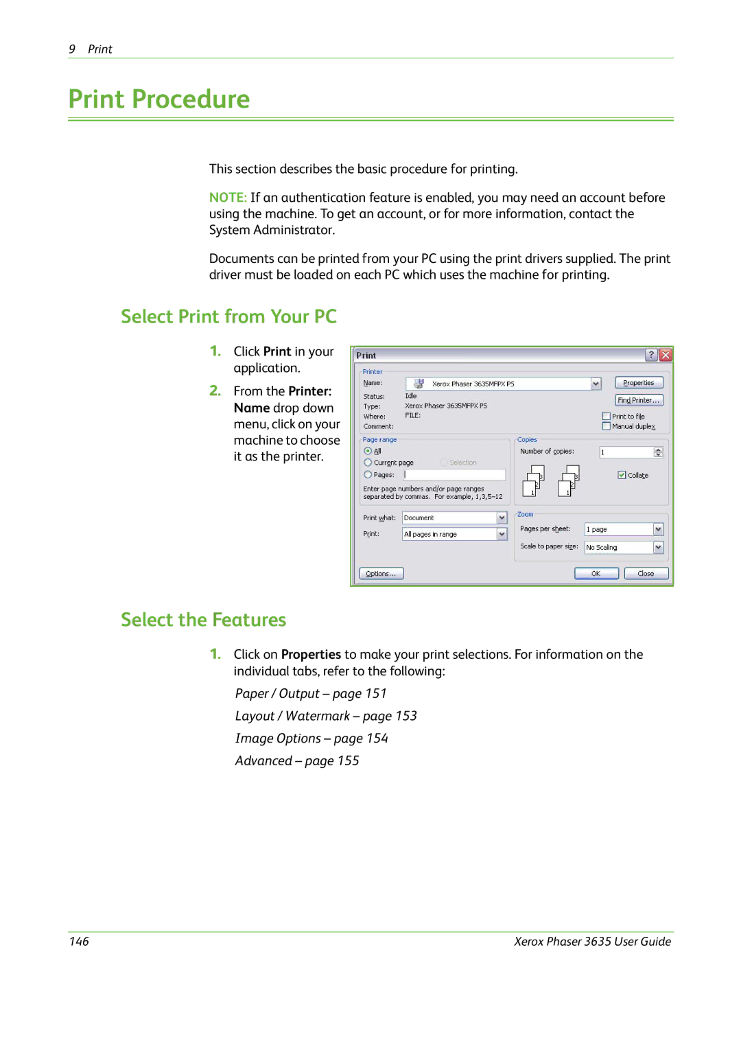 Xerox 3635 manual Print Procedure, Select Print from Your PC 