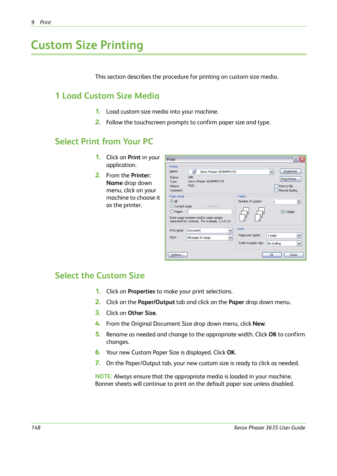 Xerox 3635 manual Custom Size Printing, Load Custom Size Media, Select the Custom Size 