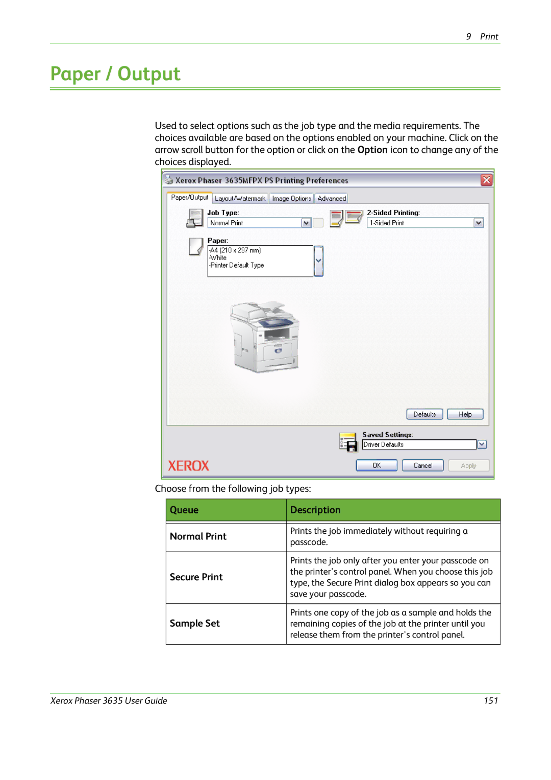 Xerox 3635 manual Paper / Output, Queue Description Normal Print, Secure Print, Sample Set 