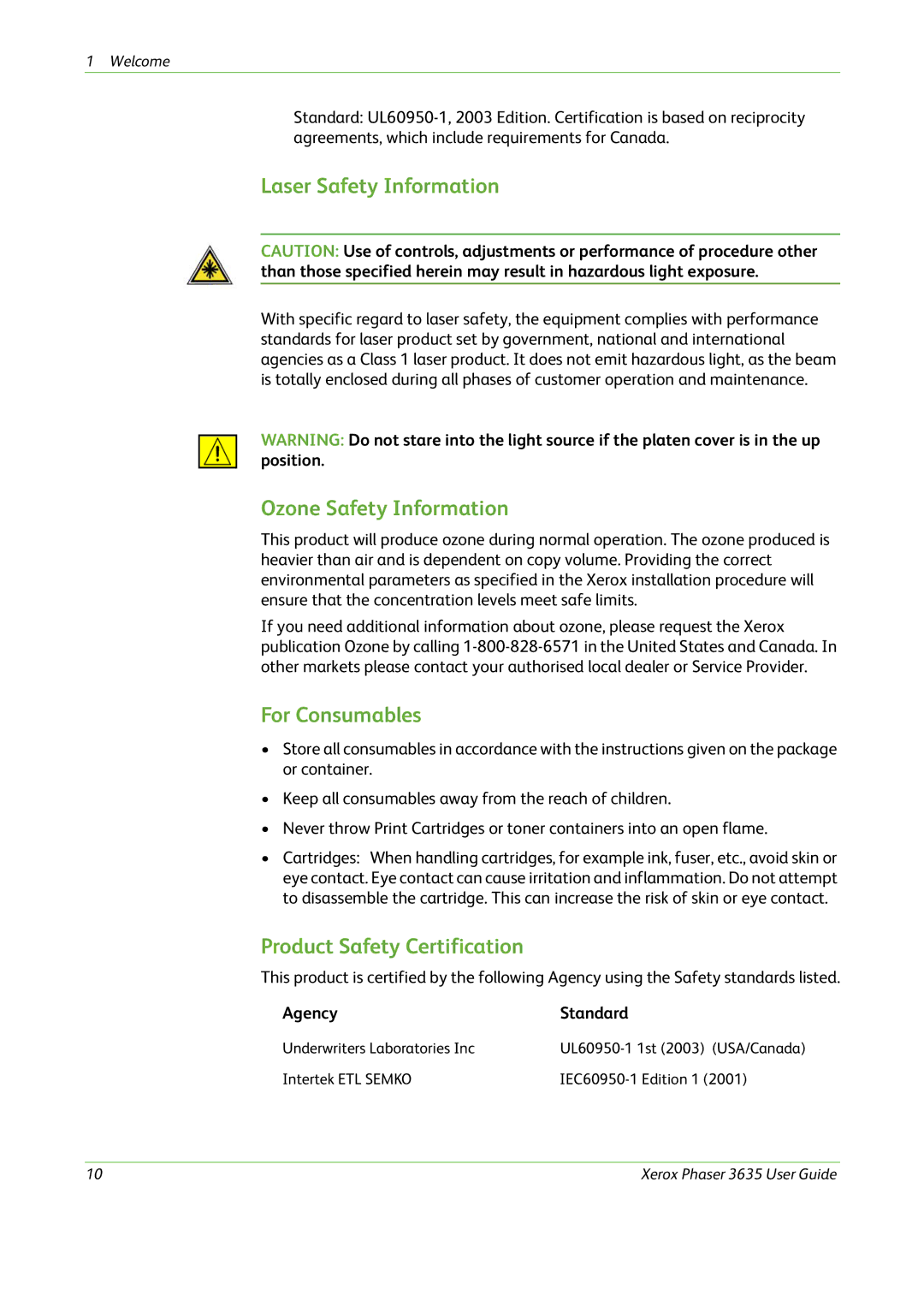 Xerox 3635 manual Laser Safety Information, Ozone Safety Information, For Consumables, Product Safety Certification 