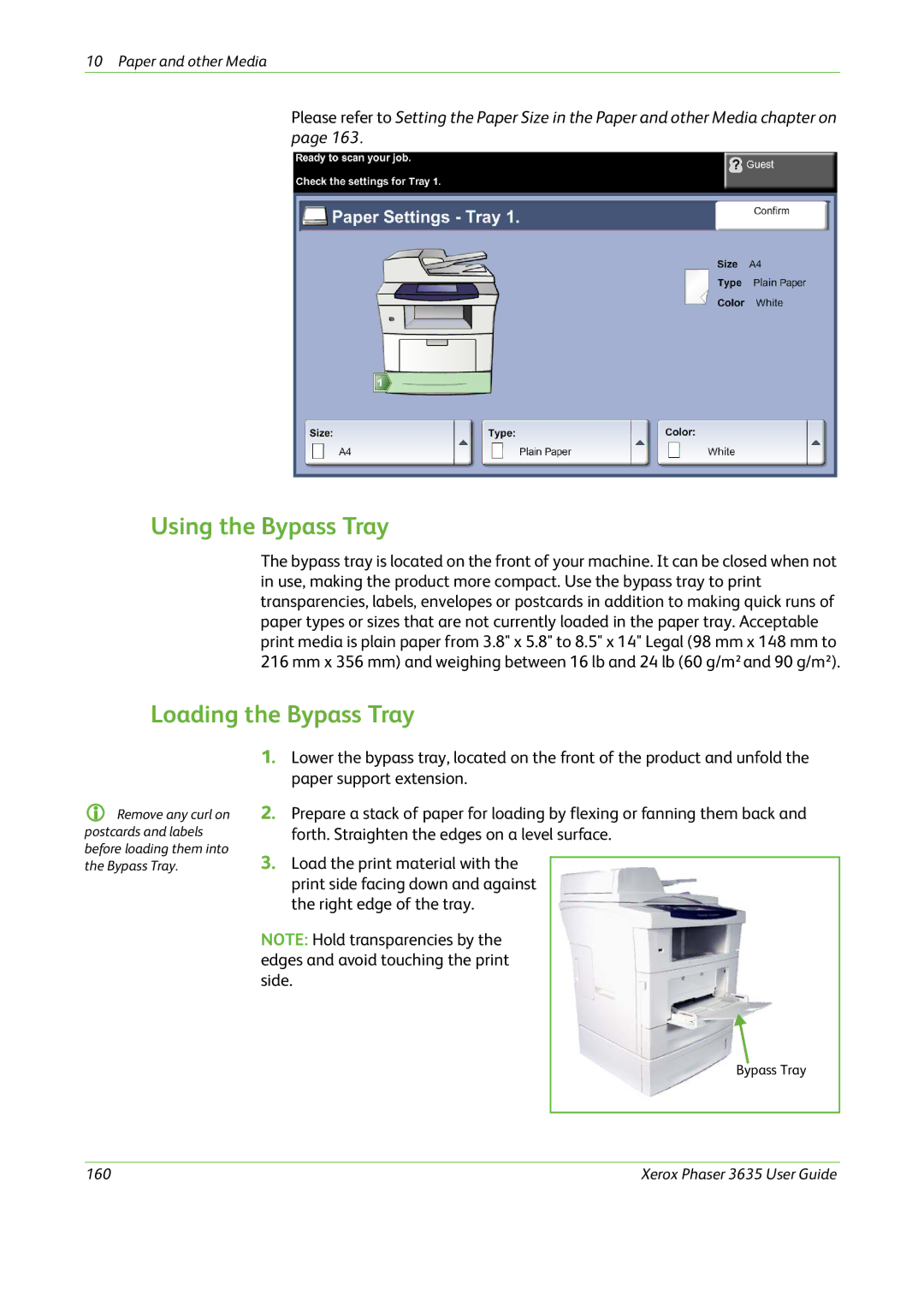 Xerox 3635 manual Using the Bypass Tray, Loading the Bypass Tray 