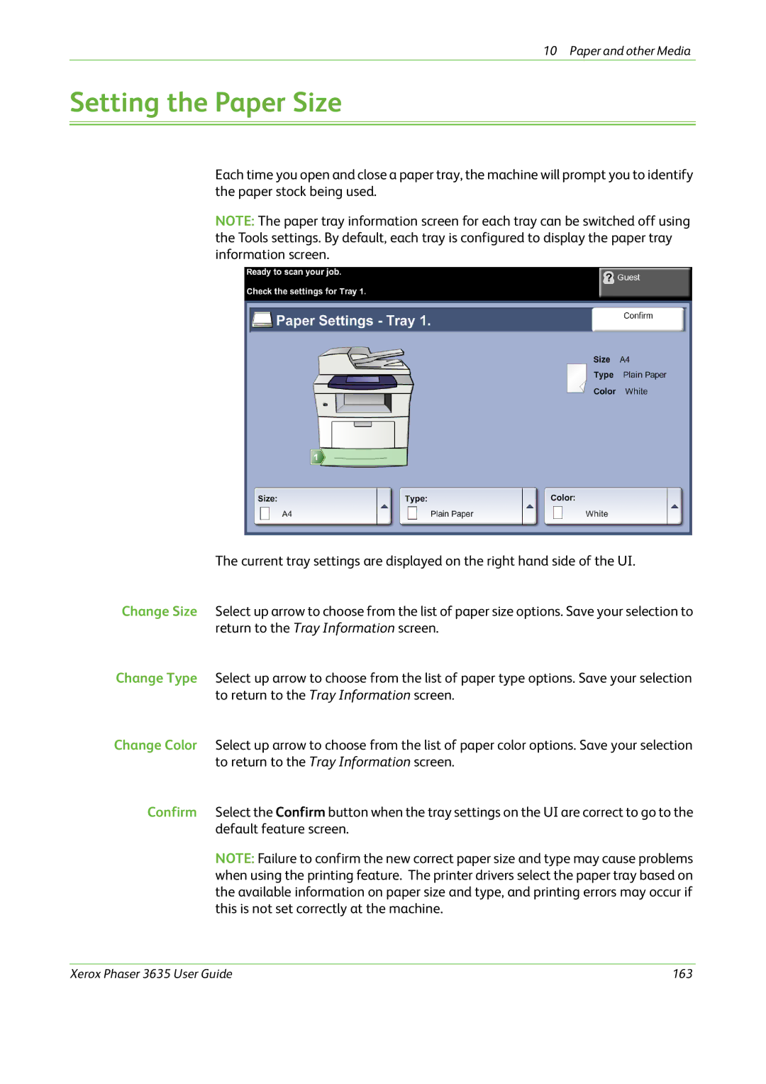 Xerox 3635 manual Setting the Paper Size 