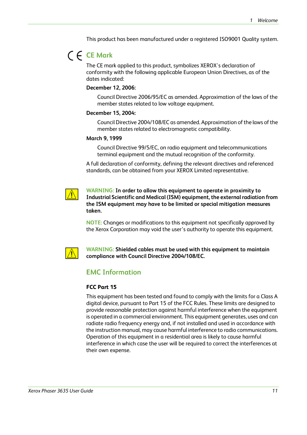 Xerox 3635 manual CE Mark, EMC Information 