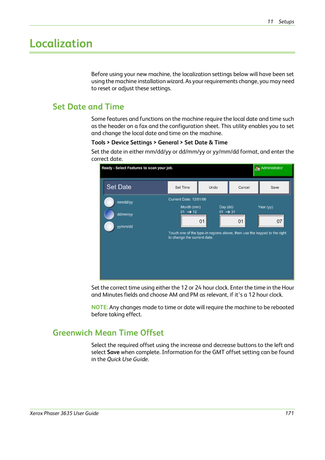 Xerox 3635 Localization, Set Date and Time, Greenwich Mean Time Offset, Tools Device Settings General Set Date & Time 