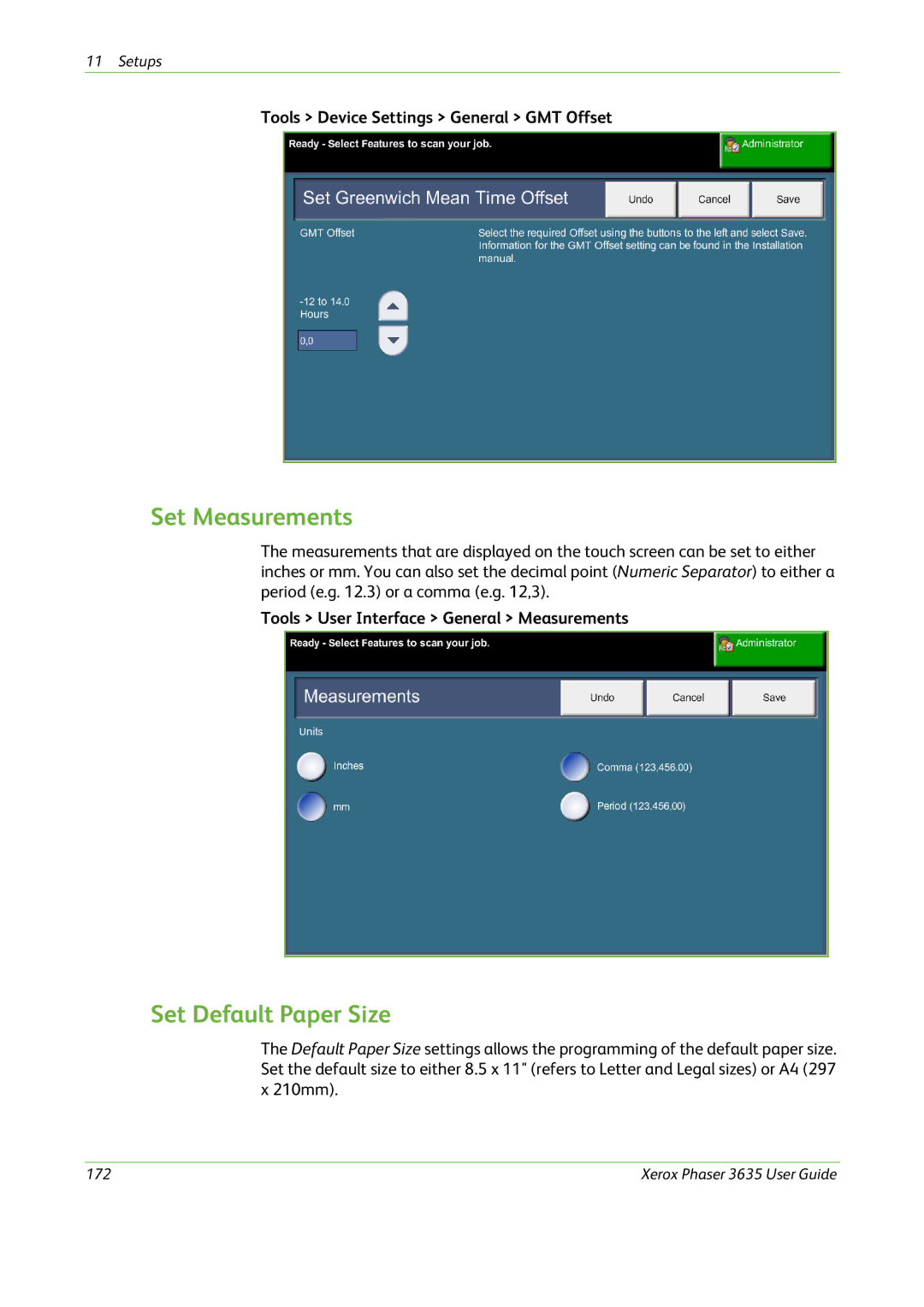 Xerox 3635 manual Set Measurements, Set Default Paper Size, Tools Device Settings General GMT Offset 