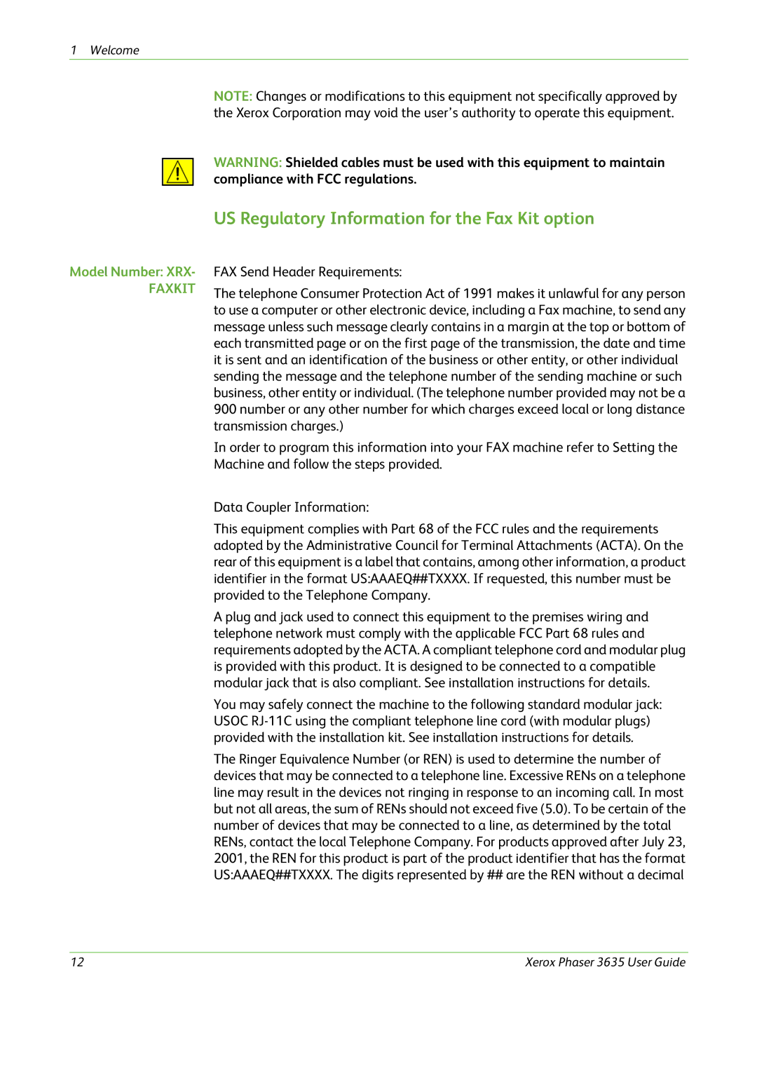 Xerox 3635 manual US Regulatory Information for the Fax Kit option, FAX Send Header Requirements 