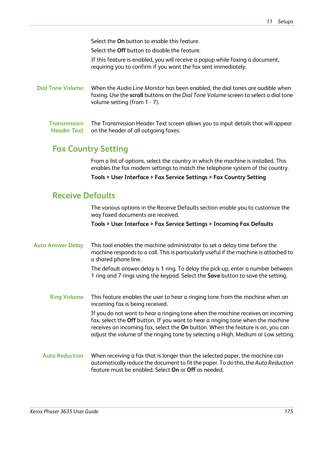 Xerox 3635 manual Fax Country Setting, Receive Defaults 