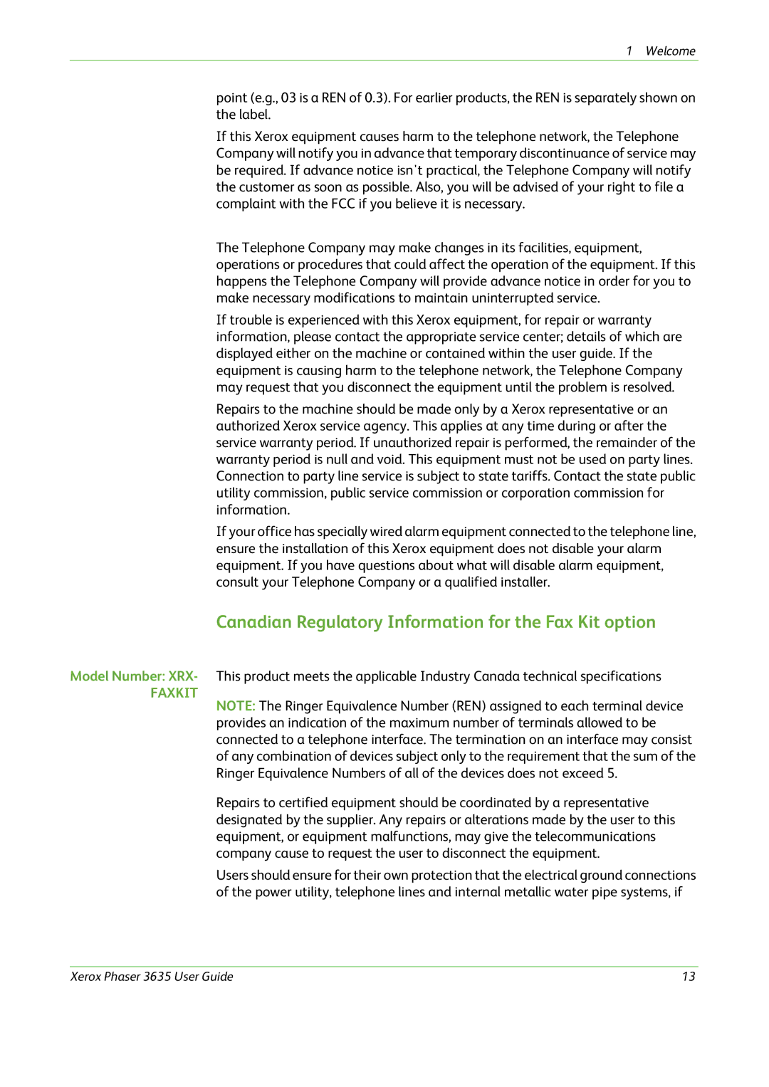 Xerox 3635 manual Canadian Regulatory Information for the Fax Kit option 