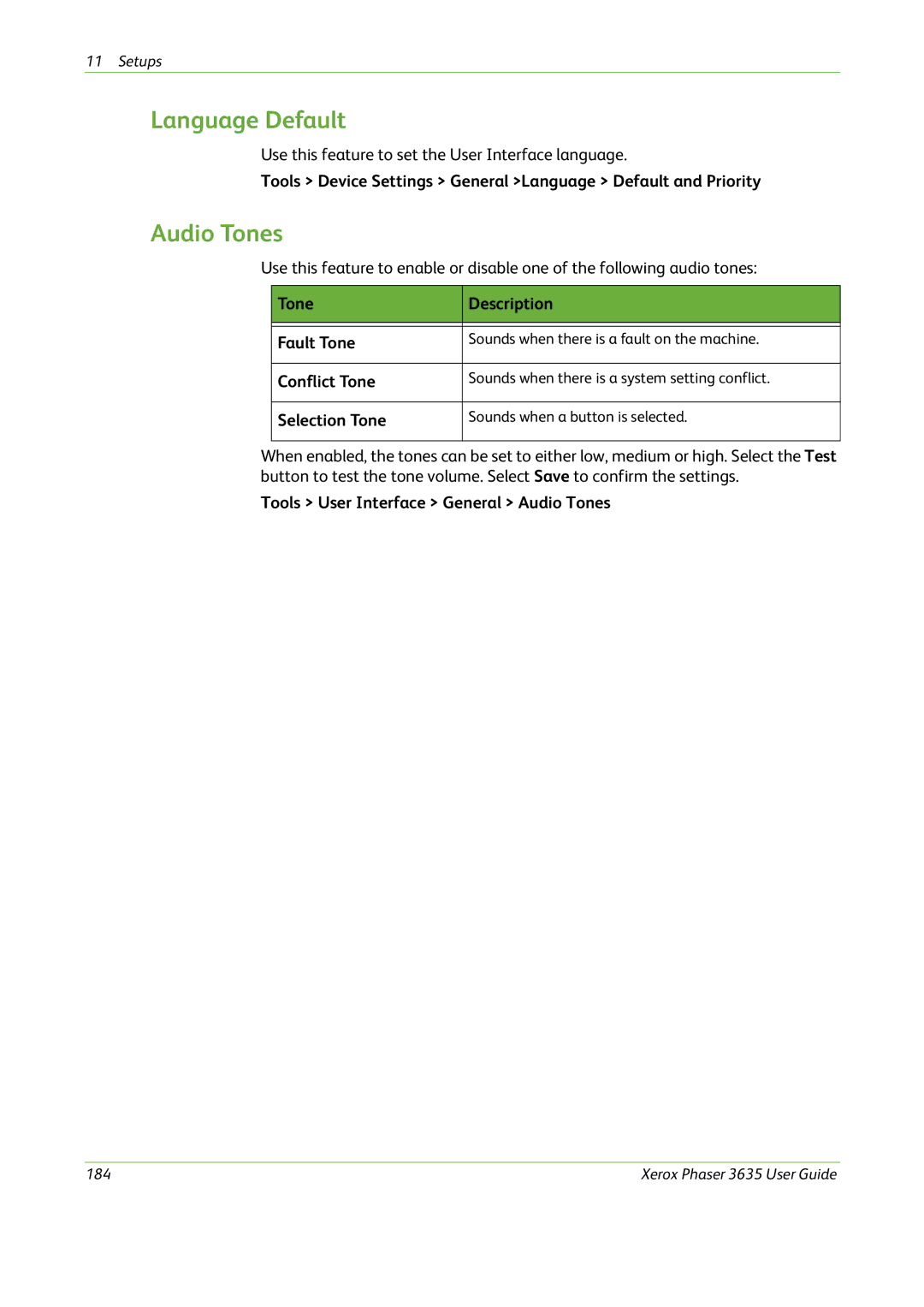 Xerox 3635 manual Language Default, Audio Tones 