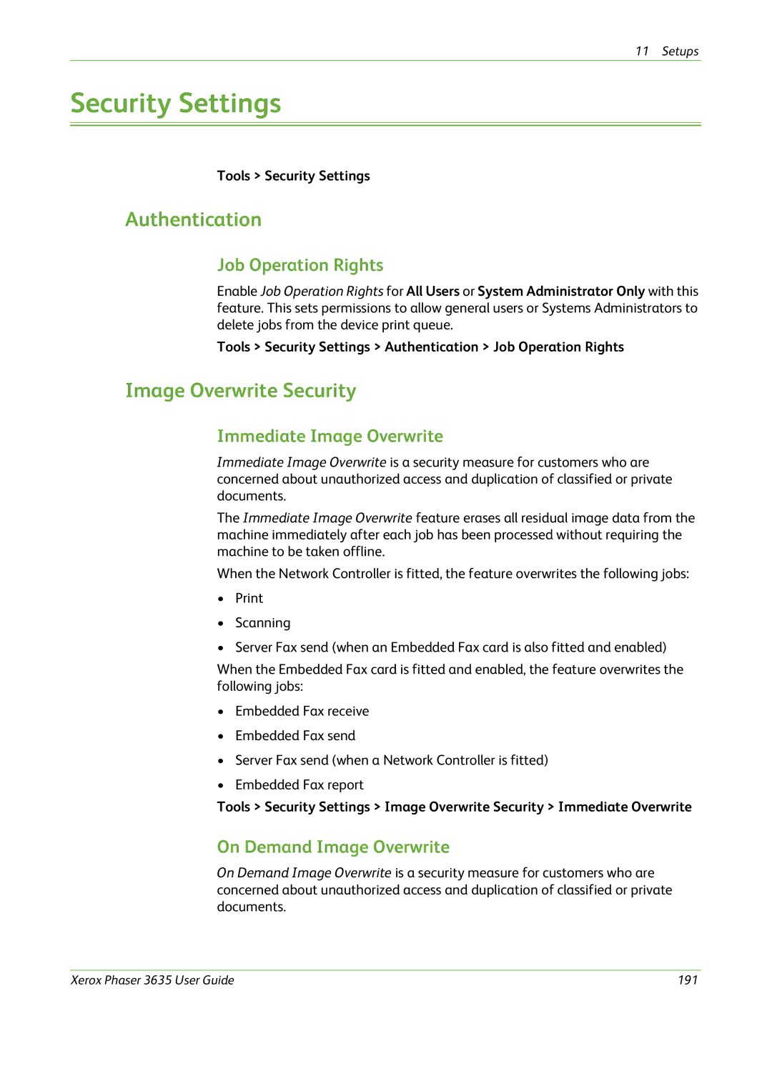 Xerox 3635 manual Security Settings, Authentication, Image Overwrite Security 