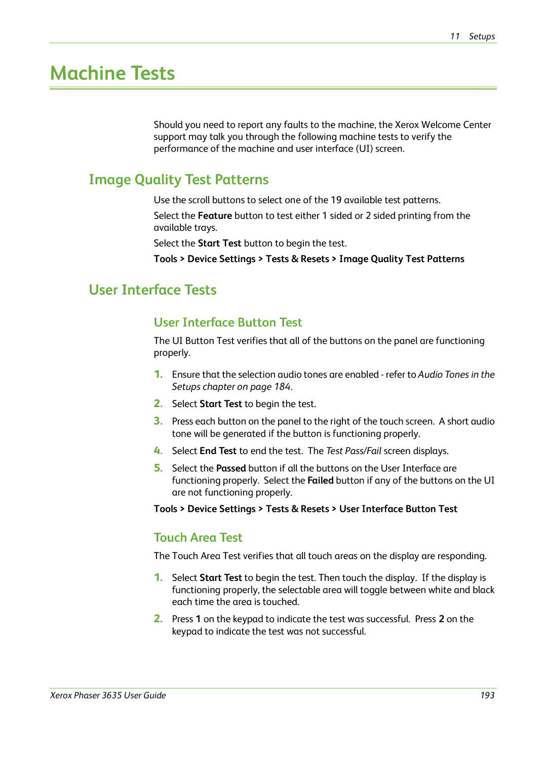 Xerox 3635 Machine Tests, Image Quality Test Patterns, User Interface Tests, User Interface Button Test, Touch Area Test 