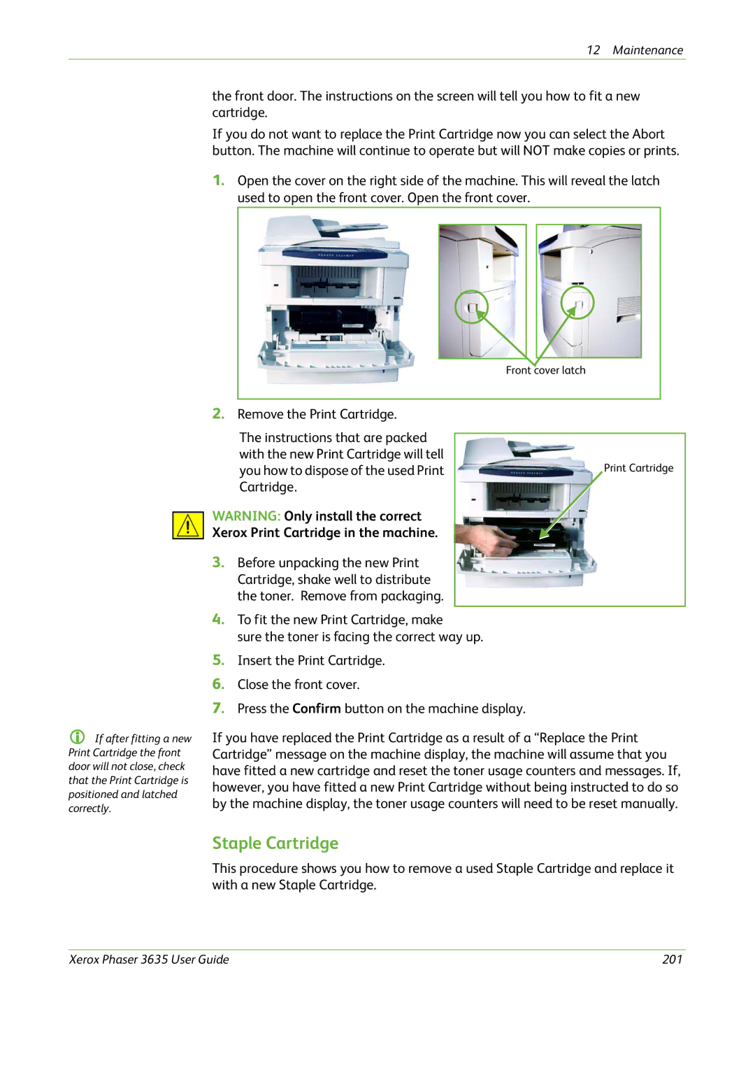 Xerox 3635 manual Staple Cartridge, Xerox Print Cartridge in the machine 