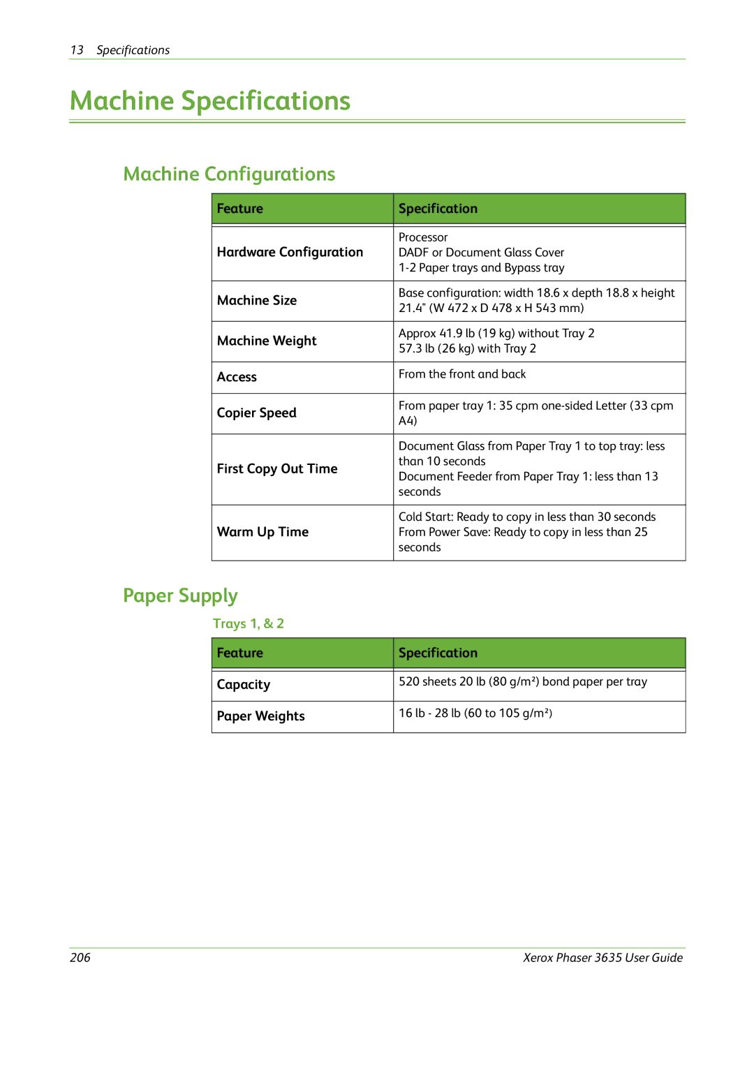 Xerox 3635 manual Machine Specifications, Machine Configurations, Paper Supply 