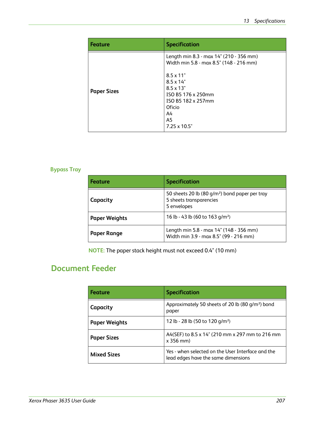 Xerox 3635 manual Document Feeder, Feature Specification, Paper Sizes, Paper Range, Mixed Sizes 