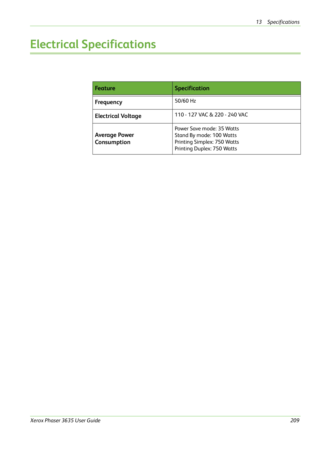 Xerox 3635 Electrical Specifications, Feature Specification Frequency, Electrical Voltage, Average Power, Consumption 