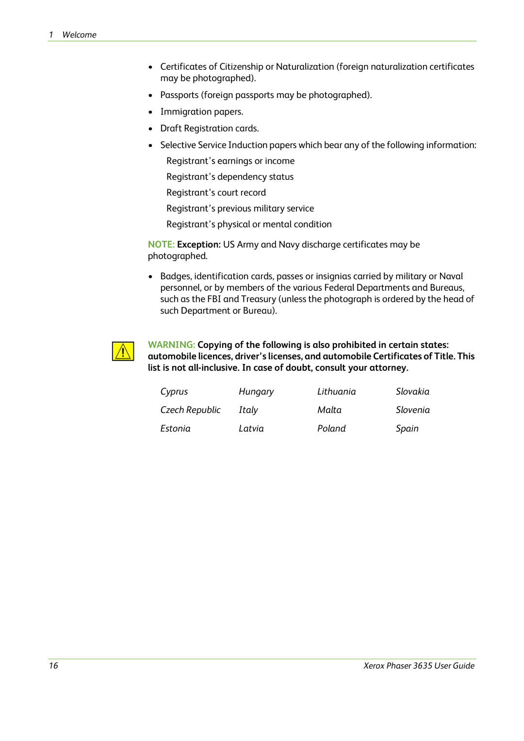 Xerox 3635 manual Cyprus Hungary Lithuania 