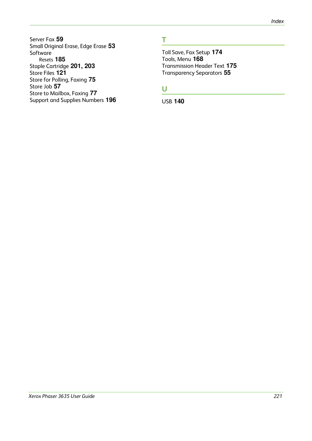 Xerox 3635 manual Store to Mailbox, Faxing 77 Support and Supplies Numbers 