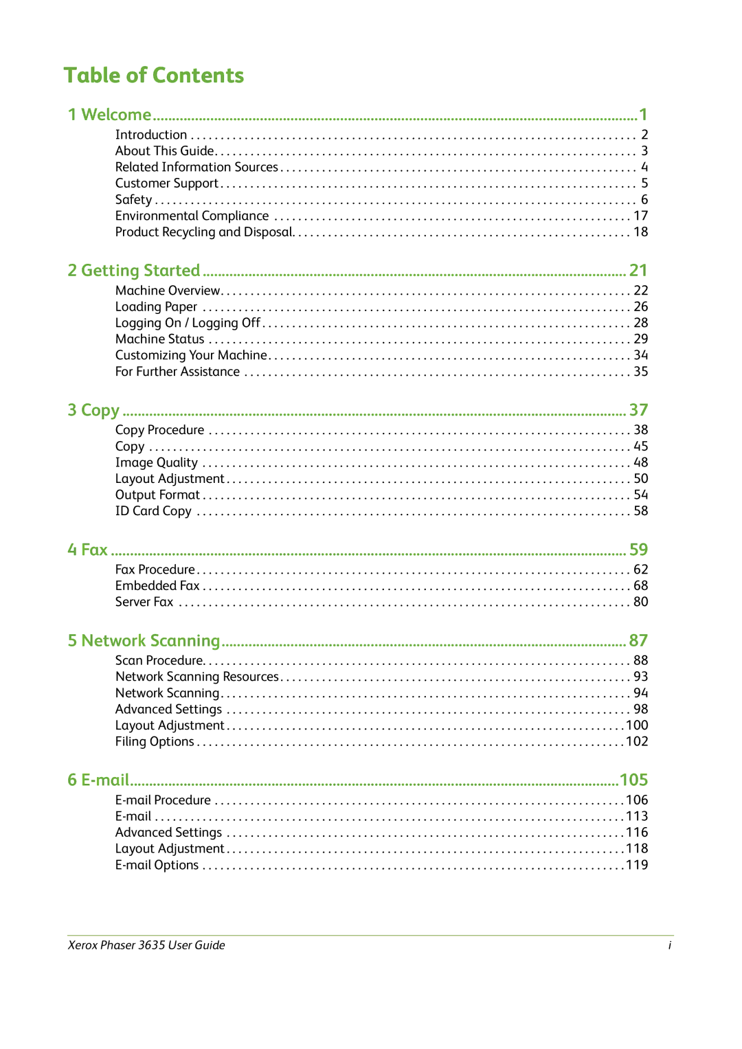 Xerox 3635 manual Table of Contents 