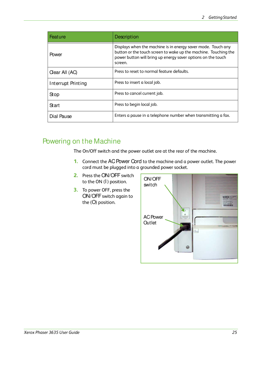 Xerox 3635 manual Powering on the Machine 