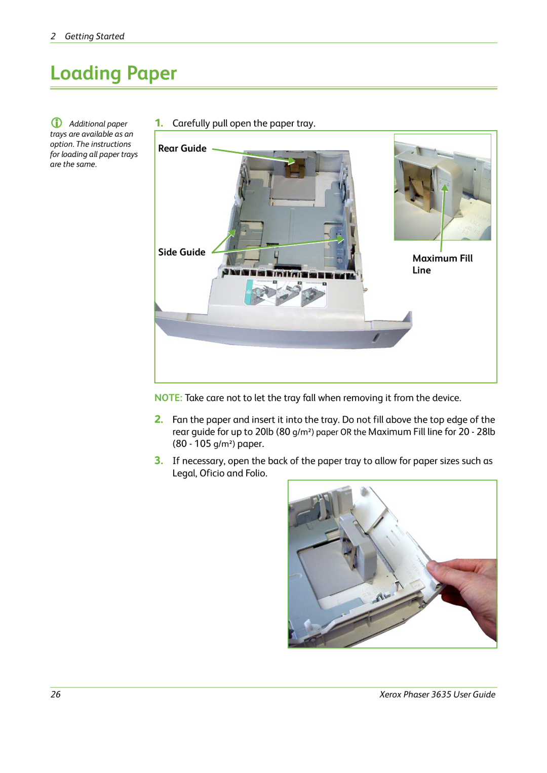 Xerox 3635 manual Loading Paper, Rear Guide Side Guide Maximum Fill Line 