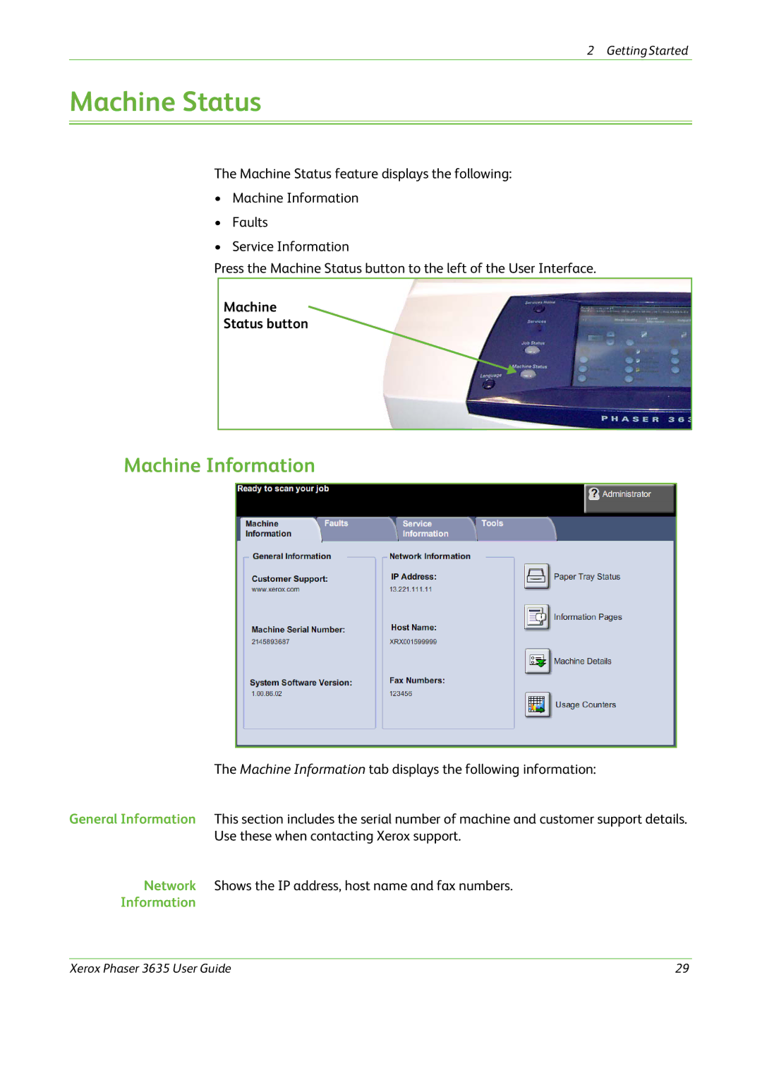 Xerox 3635 manual Machine Information, Machine Status button 