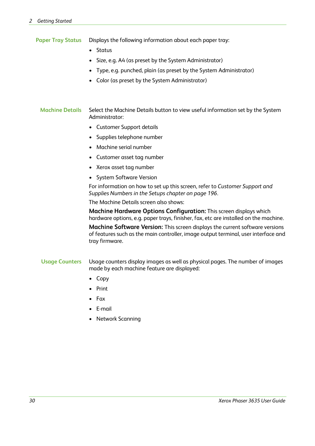 Xerox 3635 manual Supplies Numbers in the Setups chapter on 