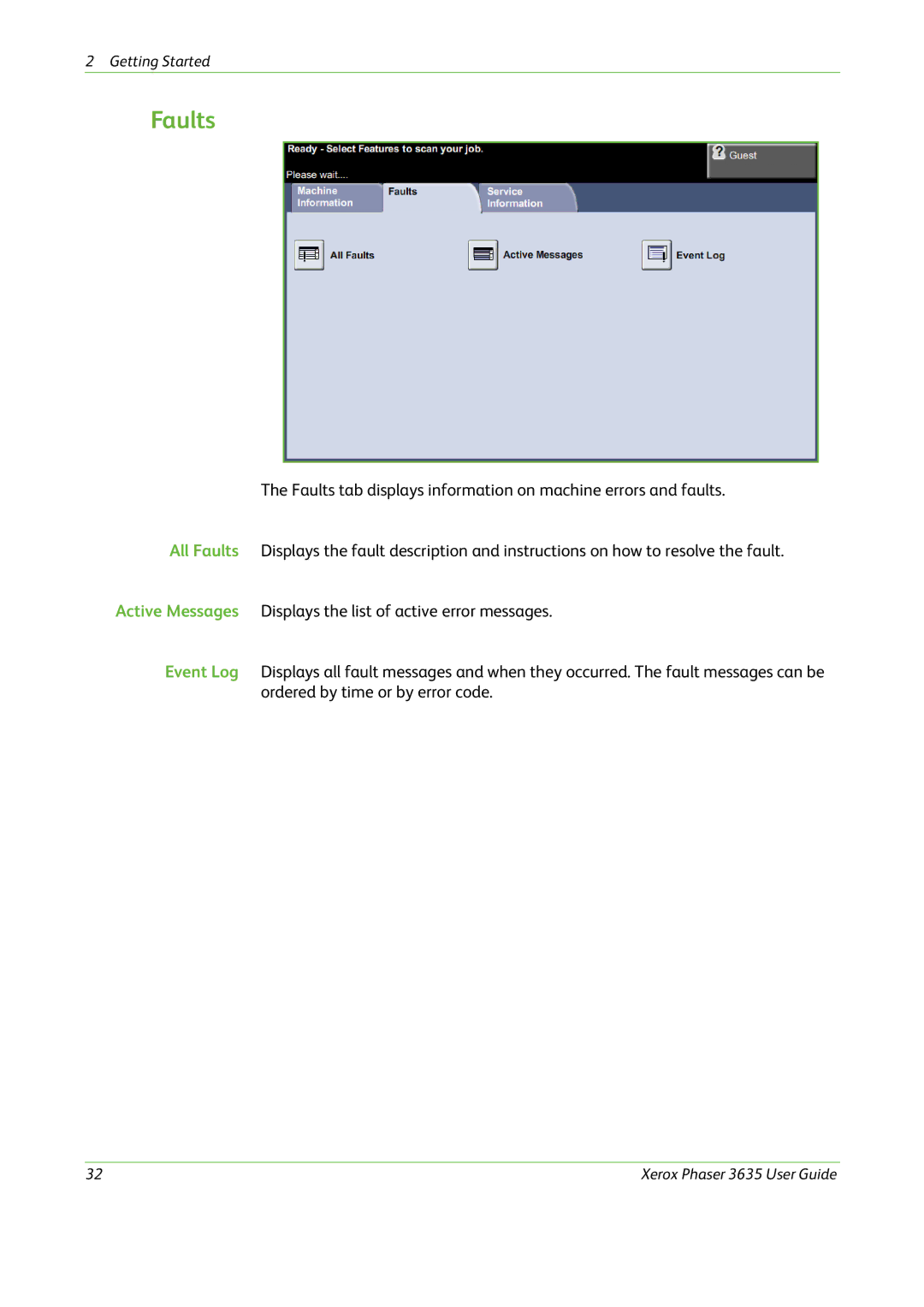 Xerox 3635 manual Faults 